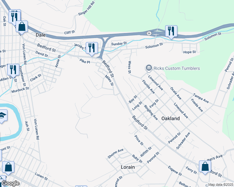 map of restaurants, bars, coffee shops, grocery stores, and more near 1178R Bedford Street in Johnstown