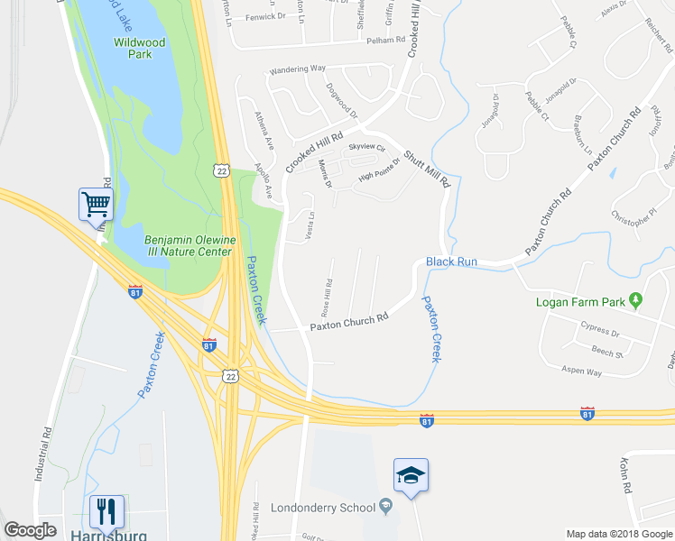 map of restaurants, bars, coffee shops, grocery stores, and more near 3001 Rose Hill Road in Harrisburg