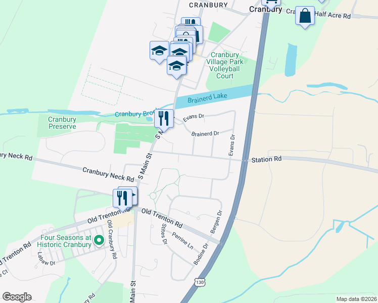 map of restaurants, bars, coffee shops, grocery stores, and more near 25 County Road 615 in Cranbury