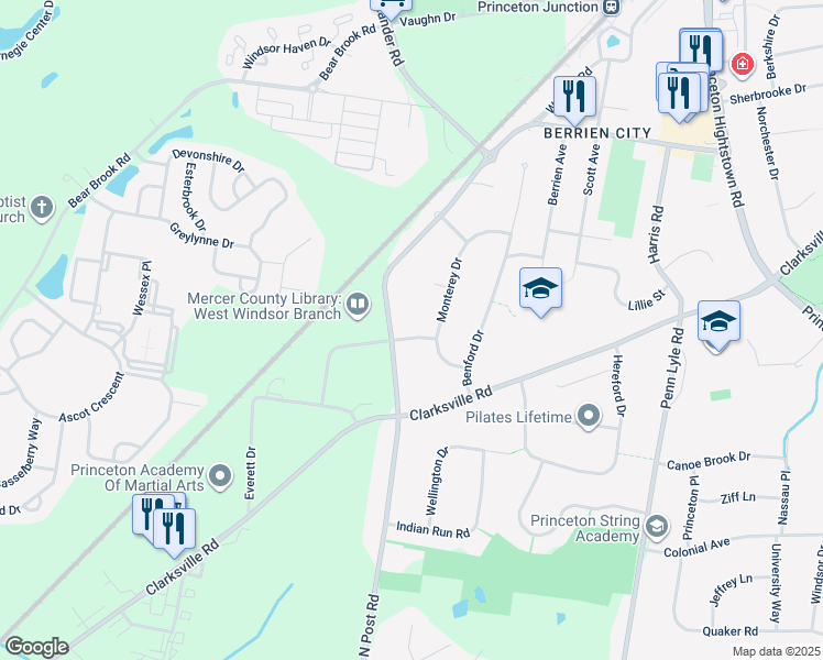map of restaurants, bars, coffee shops, grocery stores, and more near 3 Courtney Drive in West Windsor Township