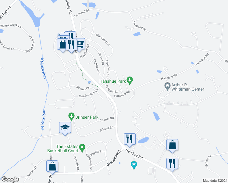 map of restaurants, bars, coffee shops, grocery stores, and more near 138 Cardinal Lane in Hummelstown