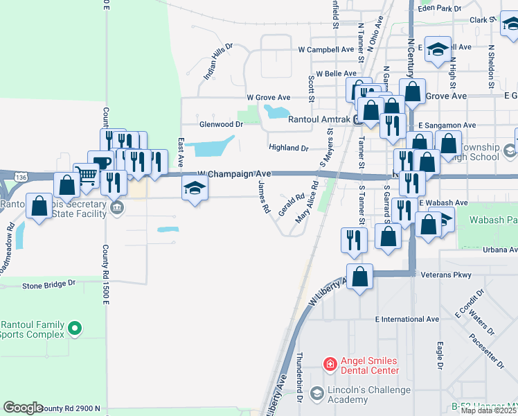 map of restaurants, bars, coffee shops, grocery stores, and more near 517 James Road in Rantoul