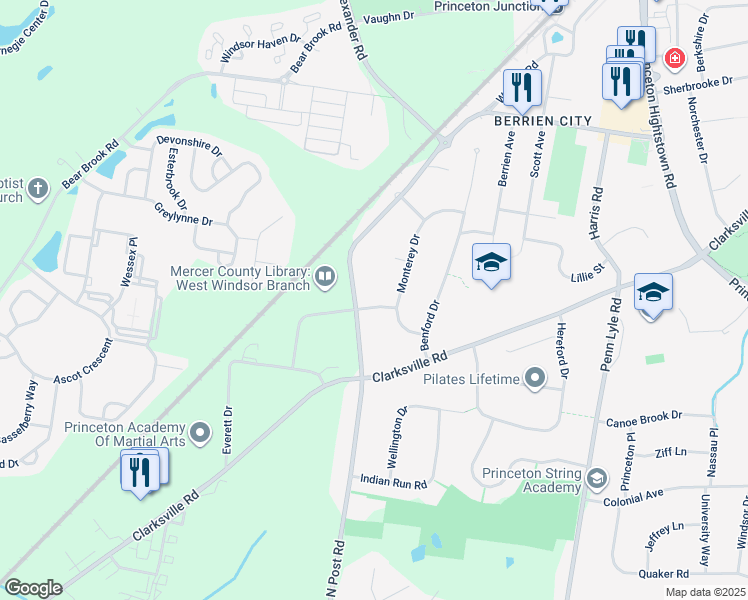 map of restaurants, bars, coffee shops, grocery stores, and more near 3 Courtney Drive in West Windsor Township