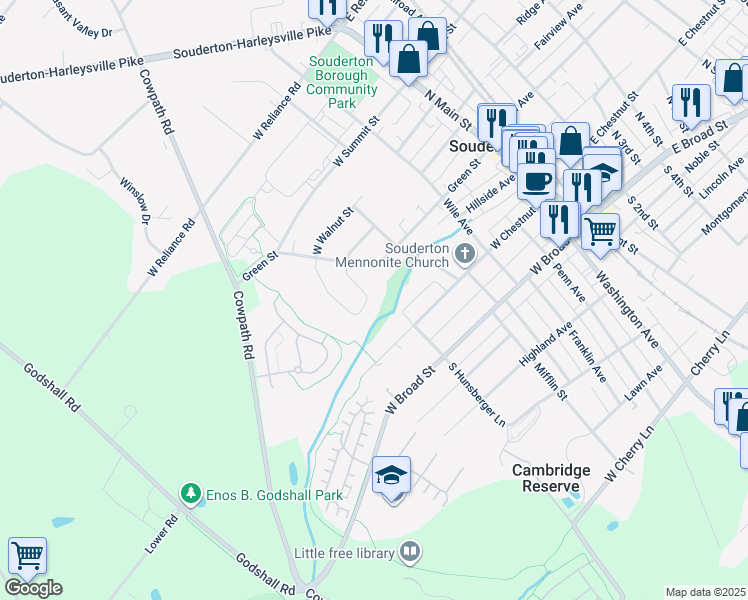 map of restaurants, bars, coffee shops, grocery stores, and more near 241 Parkview Drive in Souderton