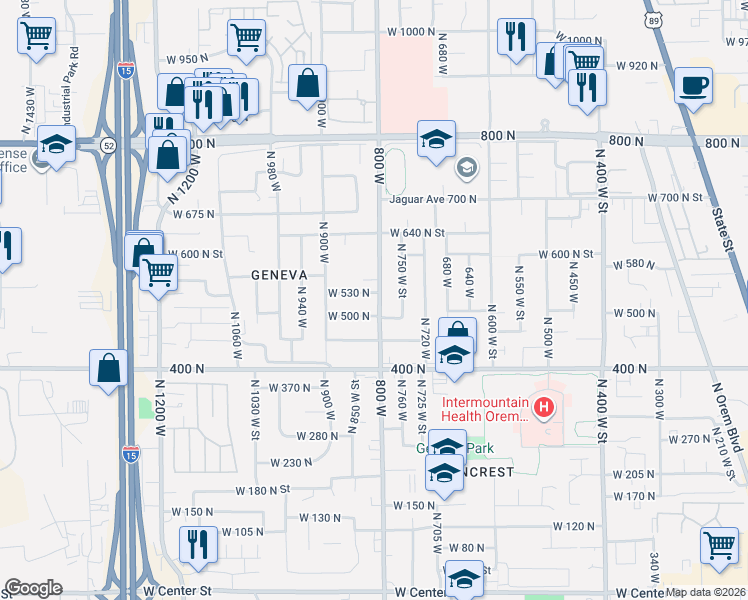 map of restaurants, bars, coffee shops, grocery stores, and more near 803 West 530 North in Orem