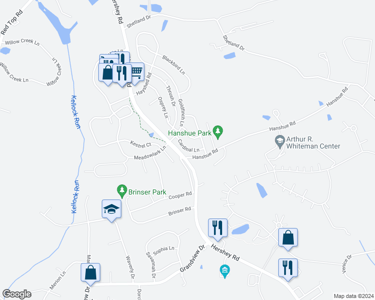 map of restaurants, bars, coffee shops, grocery stores, and more near Cardinal Lane in Hummelstown