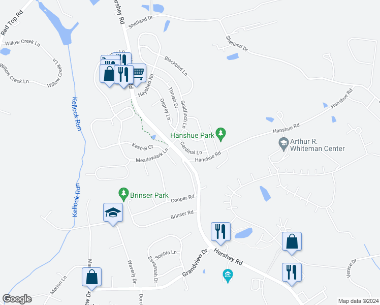 map of restaurants, bars, coffee shops, grocery stores, and more near 126 Cardinal Lane in Hummelstown