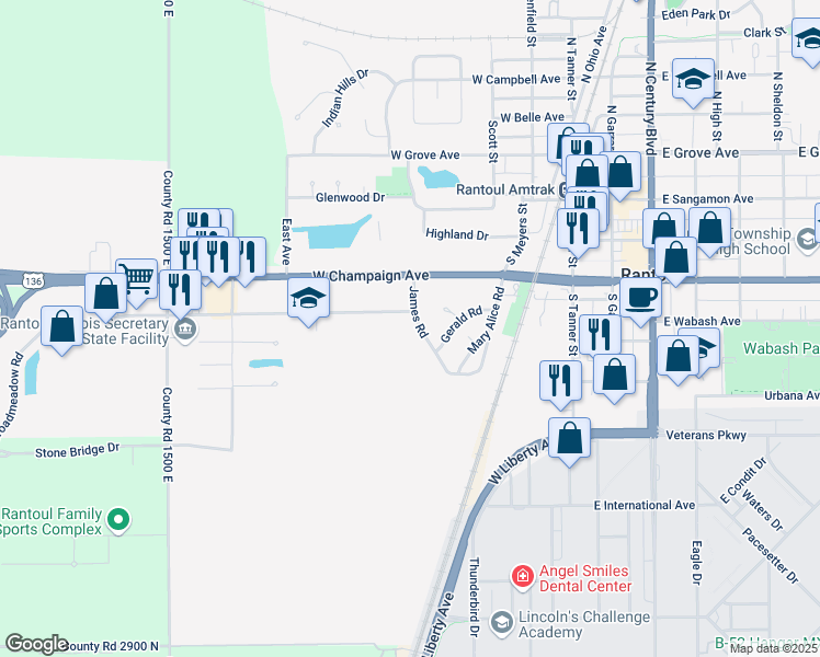 map of restaurants, bars, coffee shops, grocery stores, and more near 517 James Road in Rantoul