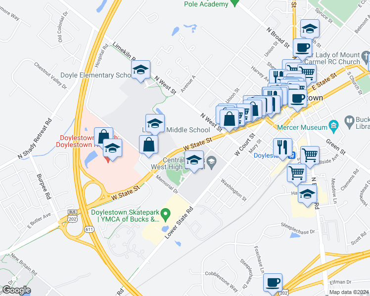 map of restaurants, bars, coffee shops, grocery stores, and more near West State Street in Doylestown