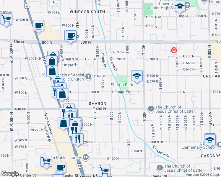 map of restaurants, bars, coffee shops, grocery stores, and more near 515 200 East in Orem