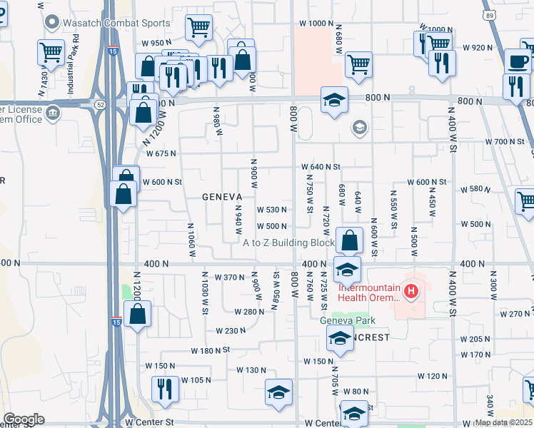 map of restaurants, bars, coffee shops, grocery stores, and more near 875 West 530 North in Orem