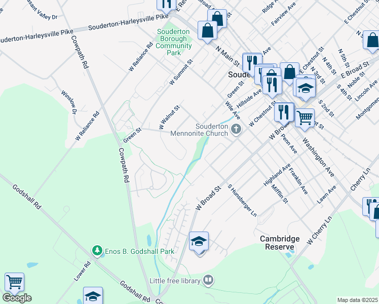 map of restaurants, bars, coffee shops, grocery stores, and more near 241 Parkview Drive in Souderton