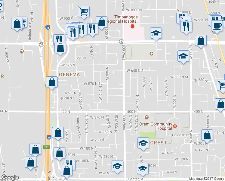 map of restaurants, bars, coffee shops, grocery stores, and more near 875 West 530 North in Orem
