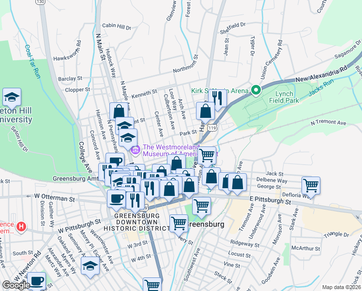 map of restaurants, bars, coffee shops, grocery stores, and more near 201 Culbertson Avenue in Greensburg