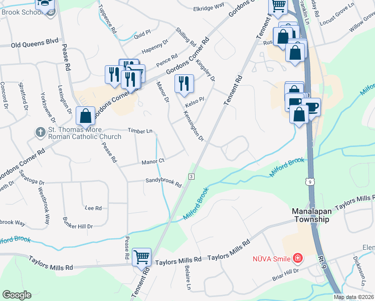 map of restaurants, bars, coffee shops, grocery stores, and more near 21 Manor Drive in Manalapan Township