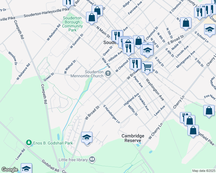 map of restaurants, bars, coffee shops, grocery stores, and more near 214 West Chestnut Street in Souderton