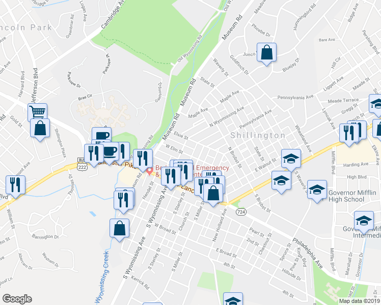 map of restaurants, bars, coffee shops, grocery stores, and more near 235 West Elm Street in Shillington