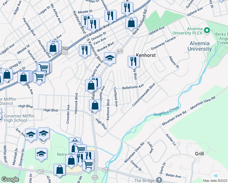 map of restaurants, bars, coffee shops, grocery stores, and more near 1426 Kenhorst Boulevard in Reading