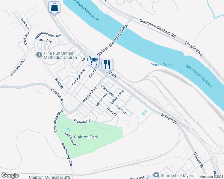 map of restaurants, bars, coffee shops, grocery stores, and more near 211 Locust Avenue in Clairton