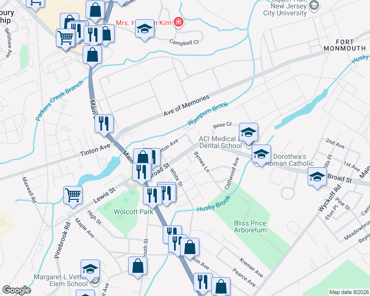 map of restaurants, bars, coffee shops, grocery stores, and more near 91 Broad Street in Eatontown