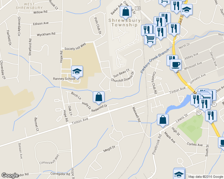 map of restaurants, bars, coffee shops, grocery stores, and more near 85 Players Circle in Tinton Falls