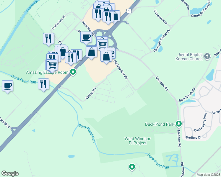 map of restaurants, bars, coffee shops, grocery stores, and more near 5202 Donatello Drive in Princeton