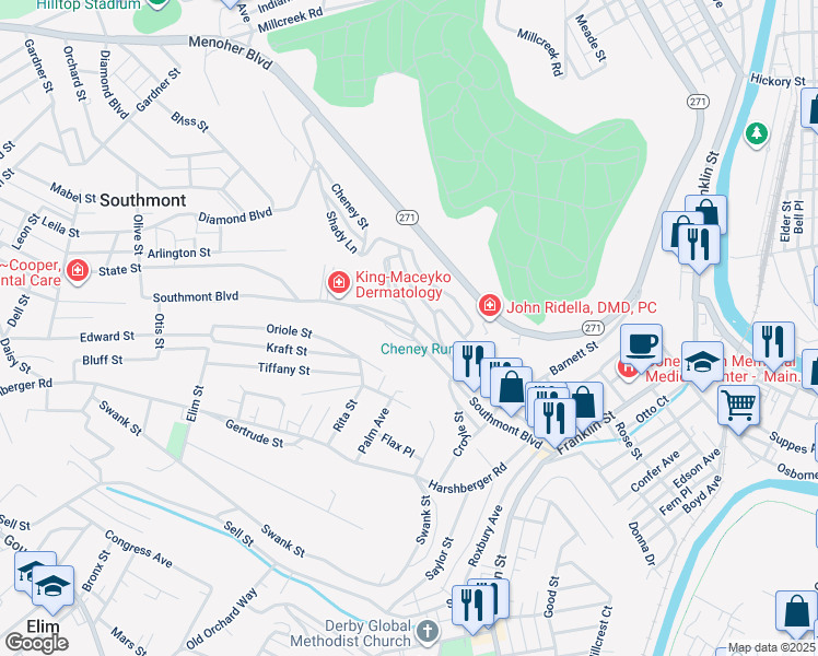 map of restaurants, bars, coffee shops, grocery stores, and more near 301-335 Southmont Boulevard in Johnstown