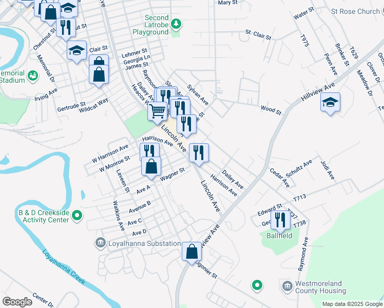 map of restaurants, bars, coffee shops, grocery stores, and more near 2106 Lincoln Avenue in Latrobe
