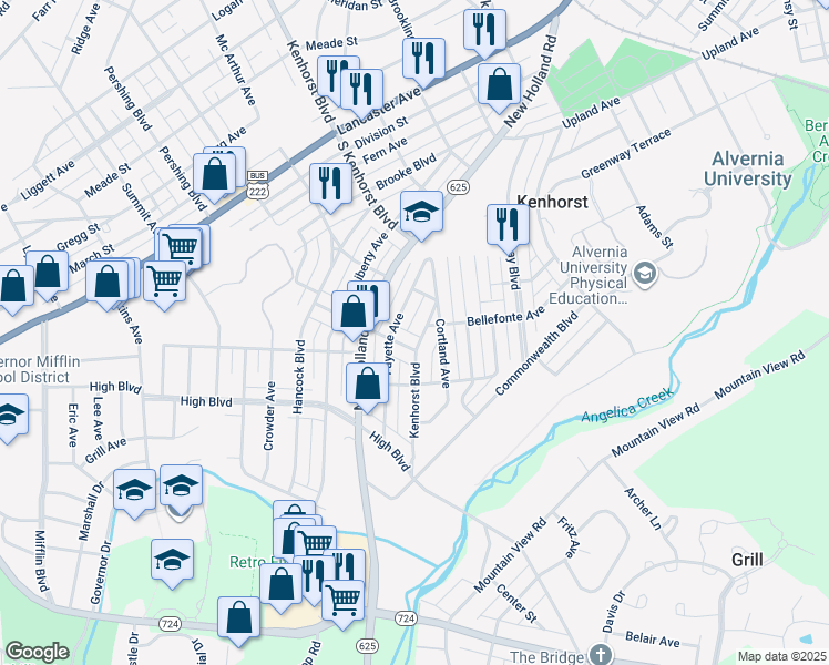 map of restaurants, bars, coffee shops, grocery stores, and more near 1439 Kenhorst Boulevard in Reading