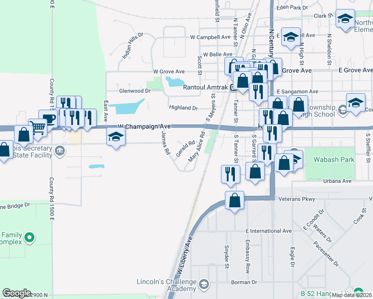 map of restaurants, bars, coffee shops, grocery stores, and more near 212 Mary Alice Road in Rantoul