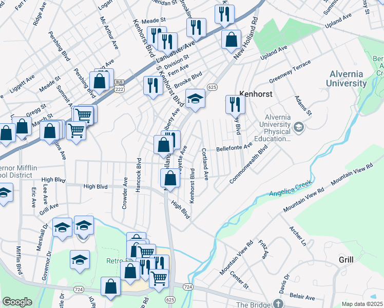 map of restaurants, bars, coffee shops, grocery stores, and more near 1439 Kenhorst Boulevard in Reading