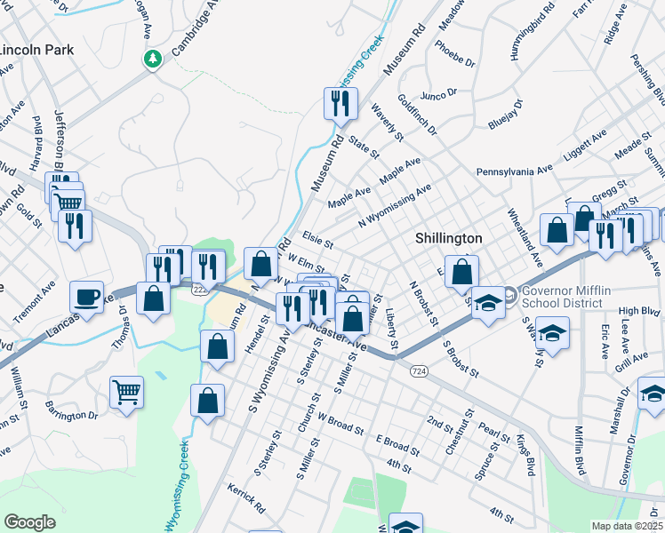 map of restaurants, bars, coffee shops, grocery stores, and more near 235 West Elm Street in Shillington