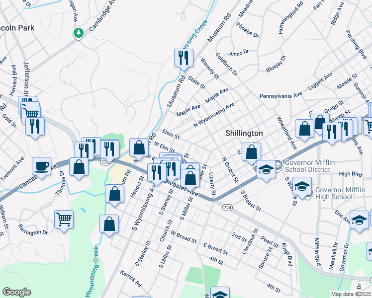 map of restaurants, bars, coffee shops, grocery stores, and more near 224 North Sterley Street in Shillington