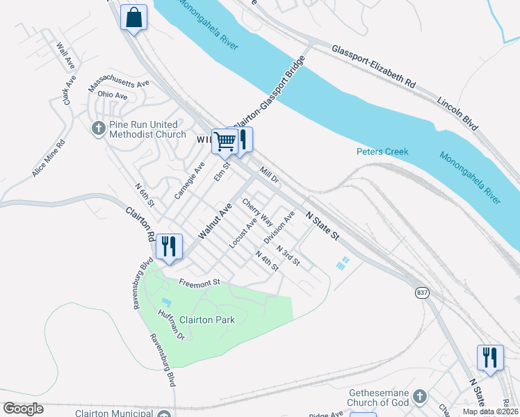 map of restaurants, bars, coffee shops, grocery stores, and more near 211 Locust Avenue in Clairton