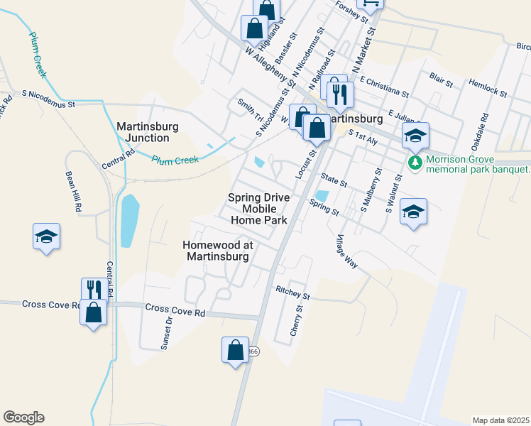 map of restaurants, bars, coffee shops, grocery stores, and more near 501-599 Camerer Lane in Martinsburg
