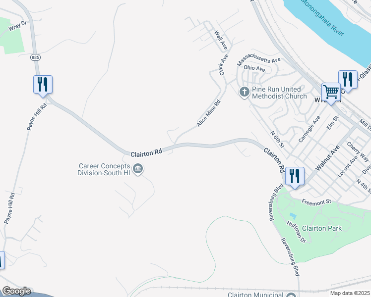 map of restaurants, bars, coffee shops, grocery stores, and more near 745 Clairton Road in Jefferson Hills