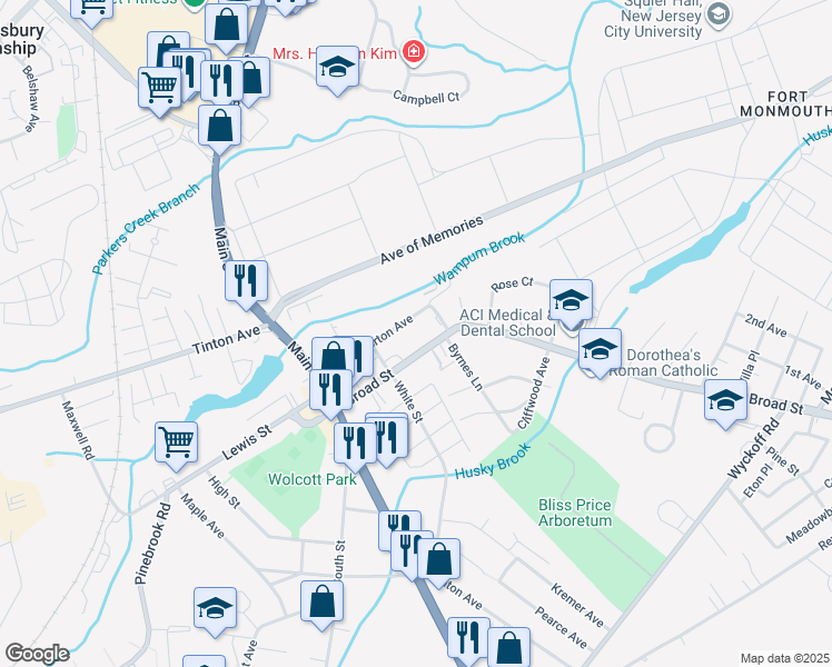 map of restaurants, bars, coffee shops, grocery stores, and more near 91 Broad St in Eatontown