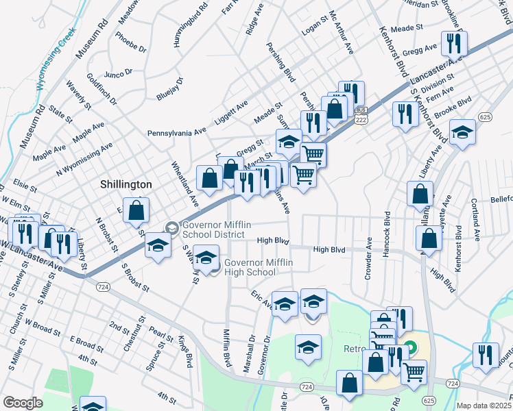 map of restaurants, bars, coffee shops, grocery stores, and more near 517 Harding Avenue in Reading