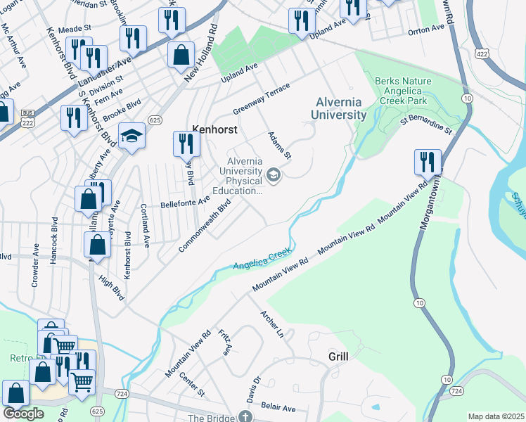 map of restaurants, bars, coffee shops, grocery stores, and more near 44 Wesleyan Drive in Reading