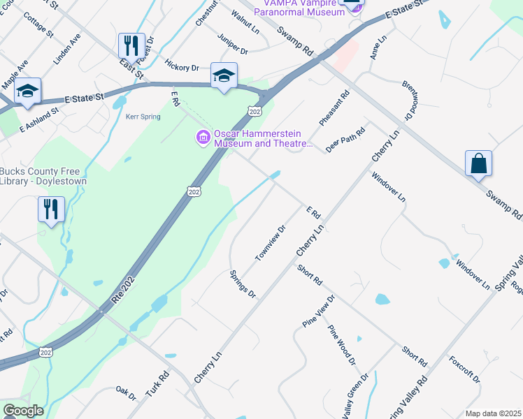 map of restaurants, bars, coffee shops, grocery stores, and more near 21 Springs Drive in Doylestown
