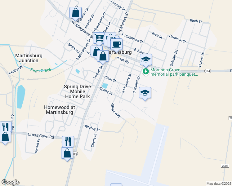 map of restaurants, bars, coffee shops, grocery stores, and more near 204 Spring Street in Martinsburg