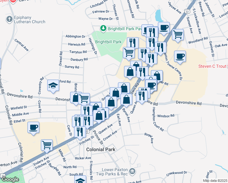 map of restaurants, bars, coffee shops, grocery stores, and more near 4921 Smith Street in Harrisburg