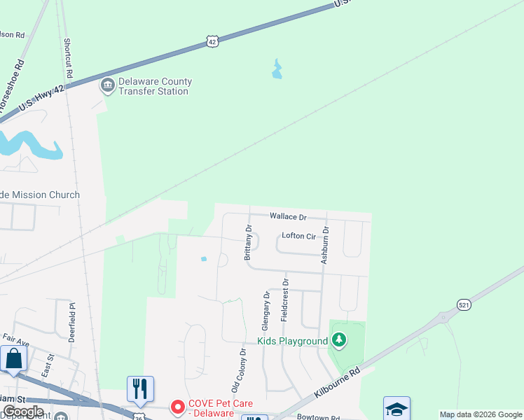map of restaurants, bars, coffee shops, grocery stores, and more near 866 Wallace Drive in Delaware
