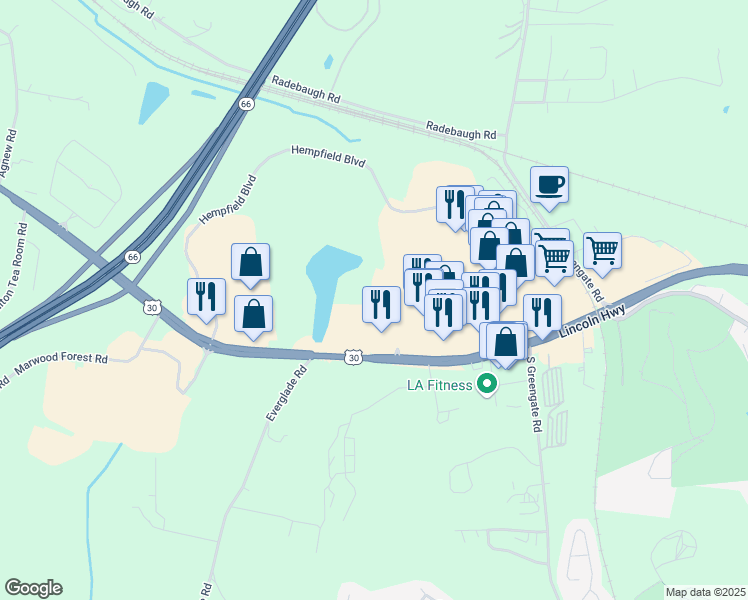 map of restaurants, bars, coffee shops, grocery stores, and more near 700 Power Line Drive in Greensburg