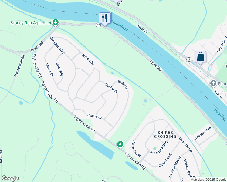 map of restaurants, bars, coffee shops, grocery stores, and more near 26 Dunkin Drive in Washington Crossing