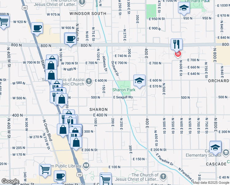 map of restaurants, bars, coffee shops, grocery stores, and more near 522 200 East in Orem