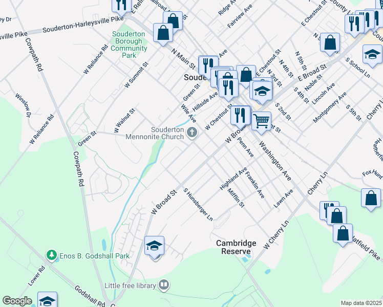 map of restaurants, bars, coffee shops, grocery stores, and more near 214 West Chestnut Street in Souderton