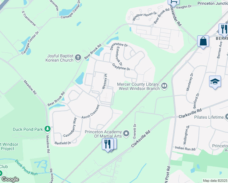 map of restaurants, bars, coffee shops, grocery stores, and more near 11000 Winterberry Way in Princeton