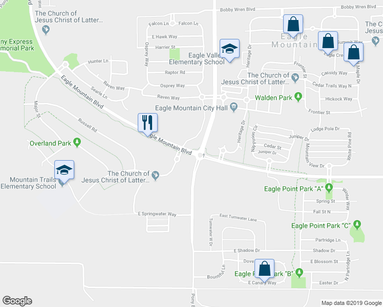 map of restaurants, bars, coffee shops, grocery stores, and more near 2600 Eagle Mountain Boulevard in Eagle Mountain