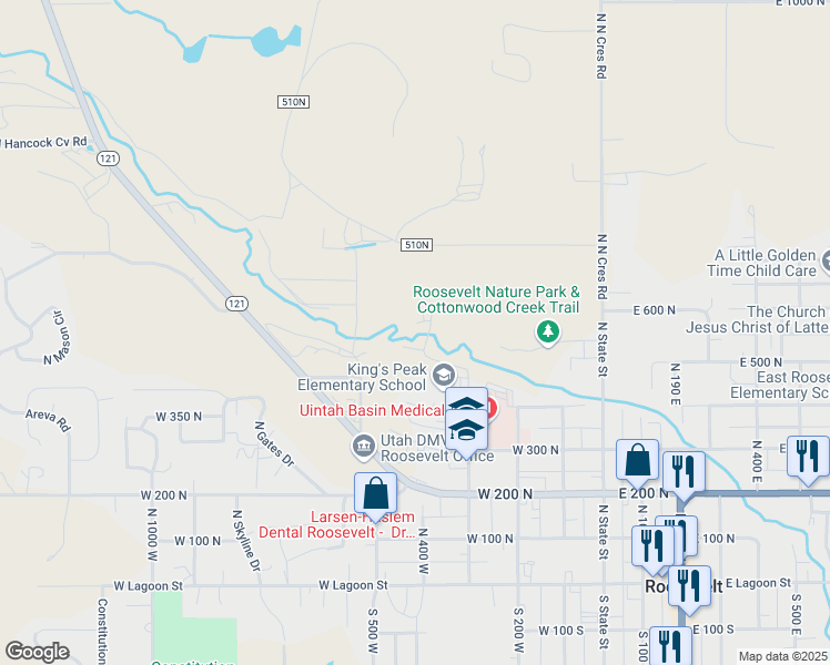 map of restaurants, bars, coffee shops, grocery stores, and more near 501 North 300 West in Roosevelt
